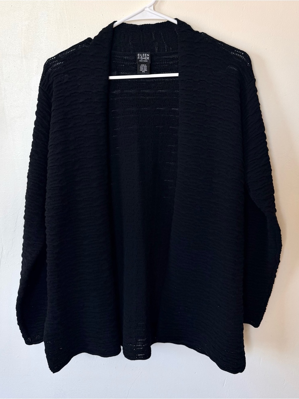 Eileen Fisher Black 100% Wool Open Front Knit Cardigan Sweater Size PS